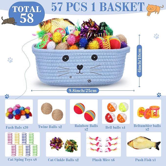 Zopeal 58 Pcs Valentine's Day Cat Storage Basket Gift Toys Set, Colorful Flashing Balls Pet Bell Crinkle Balls Spring Toys Attract Cat to Swat, Hunt, Interactive for Pet(Light Blue,9.8 Inch)