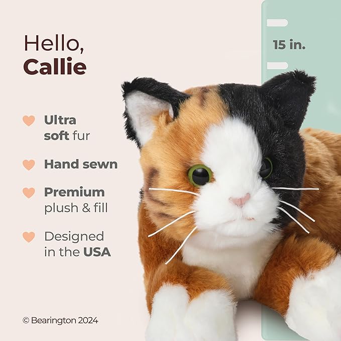 Bearington Callie Stuffed Cat Animal - 15" Realistic Calico Cat Plushies - Kitty Stuffed Animal with Soft Fur and Lifelike Details - Adorable, Cuddly Kitten Plush Gift for Kids and Toddlers
