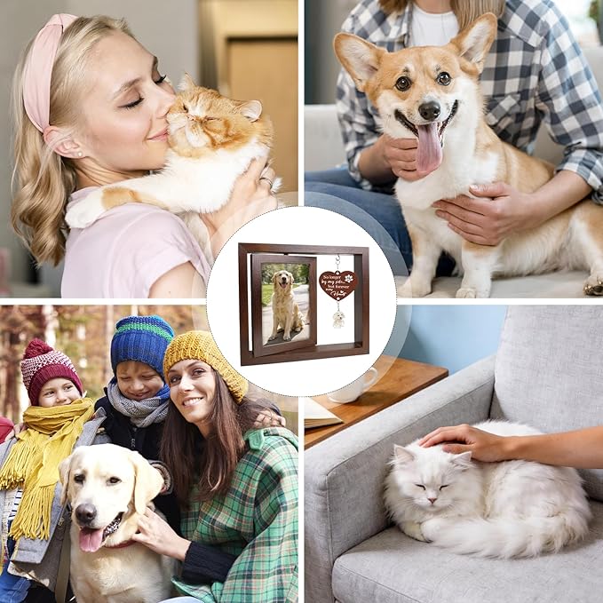 Dog Cat Memorial Picture Frame with Two Pet Shaped Hair Keepsake Bottles, Rotating Wooden Frame for 4x6 Photo, Loss of Dog Sympathy Gift, Pet Memorial Gifts