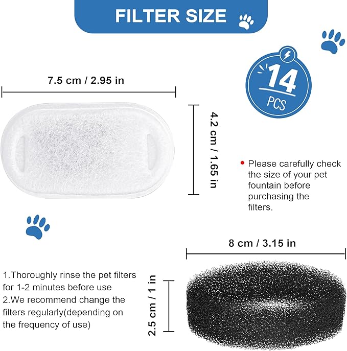 RBAYSALE Cat Water Fountain Replacement Filters - 28 Pack Triple Action With Carbon Filter and Pre-Filter Sponges (14 Filters & 14 Sponges) for Pet Water Fountains