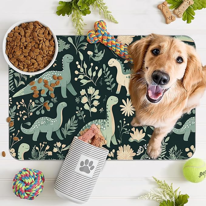Cute Dinosaur Dog Cat Food Mat,Forest Absorbent Pet Feeding Mat with Rubber Backing,Non-Slip Water Bowl Placemat,Indoor Pet Accessories Supplies 16"x24"