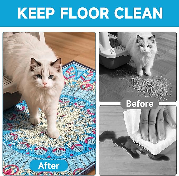 Cat Litter Mat, 24" x 16" Litter Box mat, Traps 100% Litter, Non-Slip Kitty Litter Trapping mats, Small Cute Litter mat, Easy Clean for Scatter Control, Bohe cat Food mat, Urine Waterproof