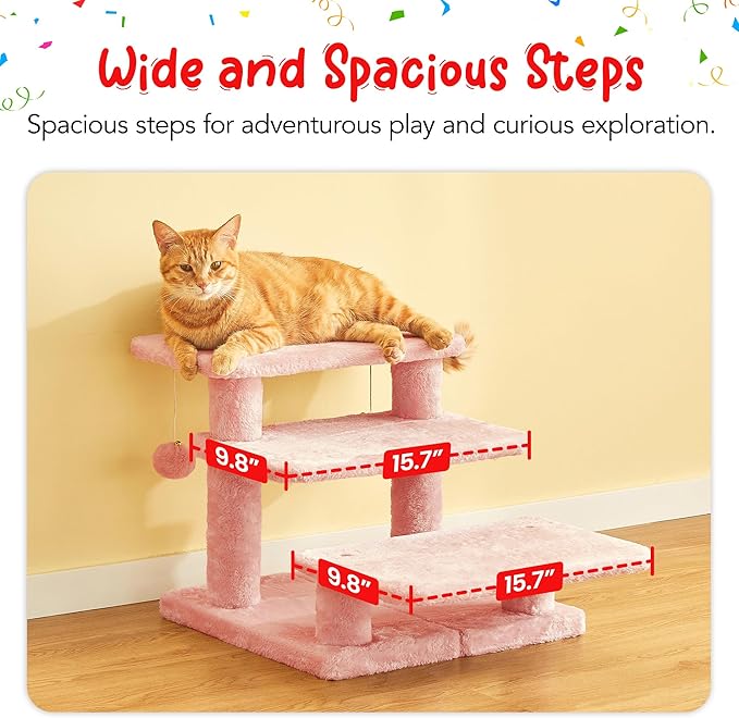 15''H Multi-Step Pet Stairs for High Beds & Sofas, 3-Step Cat Stairs with 2 Toy Balls, Wide Boards for Indoor Kittens Dogs Pets Climbing, Pink