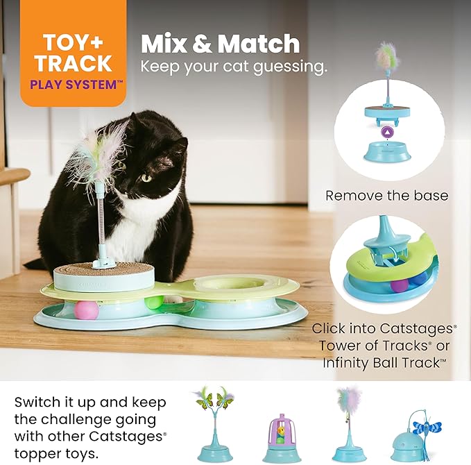 Catstages 2-in-1 Spring Cat Toy & Scratcher – Combines Play and Self Grooming Nail Care for Indoor Cats, Ball Track Add-On, Brown