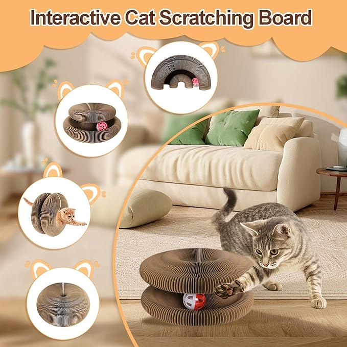 Interactive Cardboard Cat Toys,Cat Scratching Board with A Ball,Shape Shifting Accordion Cat Scratcher Toys with Different Shapes,Magic Kitten Scratcher Pads for Indoor