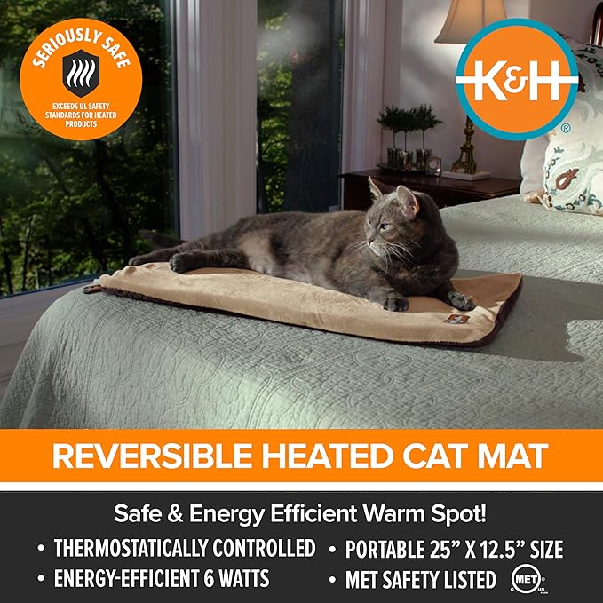 K&H Pet Products Heated Cat Bed Pad for Indoor Cats, Thermo-Kitty Mat Calming Warm Pet Heating Pad for Inside Pets, Machine Washable, Waterproof Heater, Safety Listed - 12.5 X 25in Mocha/Tan