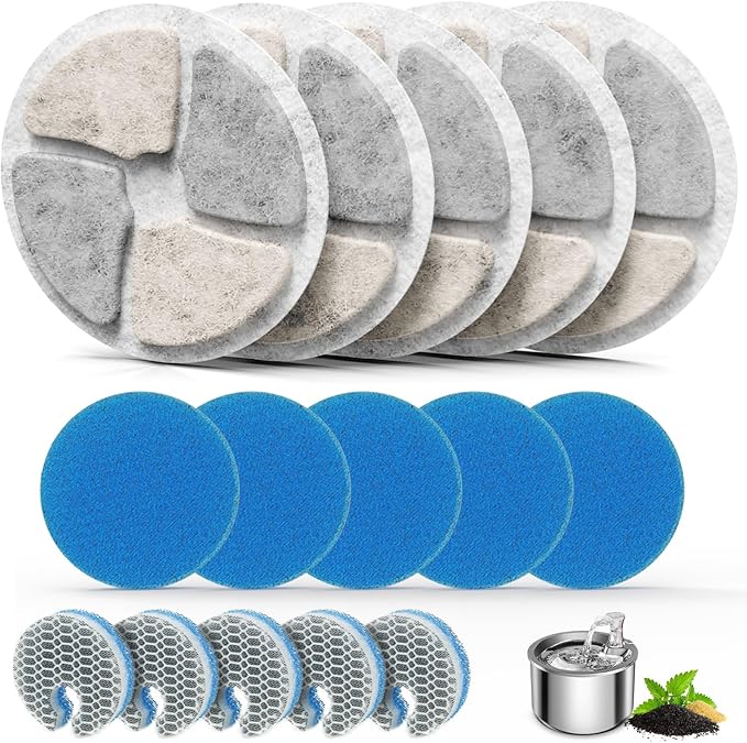 Stainless Steel Cat Water Fountain Filters, 5 Pack Replacement Filters Fit for Round 2L/67oz Automatic Pet Fountain, Filter with Triple Filtration System (5+5+5)