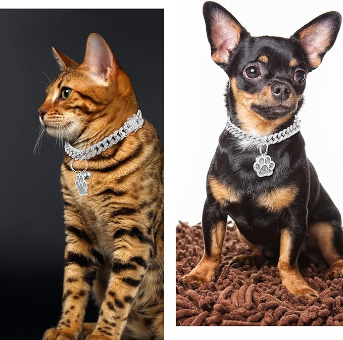 Hillban Cat Collar Diamond Chain Glitter Collar Walking Metal with Secure Buckle Cat Pet Necklace with Paw Charm and ID Tag Bell Link Cuban Jewelry Accessories Gift(8 Inch,Silver)
