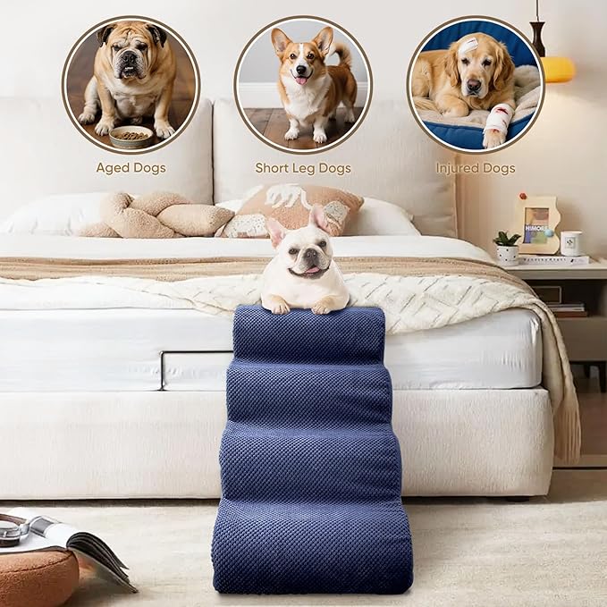 PAWSCART Dog Stairs for Small Pets, 15.7" H with 30D Material Soft Foam, Portable Ramp Non-Slip Surface Non-Slip for Couch and High Bed Climbing, 3-Step Stairs for Cat or Dog, Blue