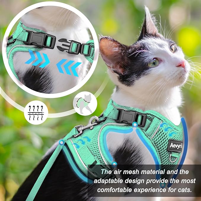 Cat Harness and Leash for Walking, The Upgrade Can be Adjusted in Four Directions and Breathable Cat Harness for Anti Escape that can be Fitted and Positioned, Reflective Strips Harness, Green, L