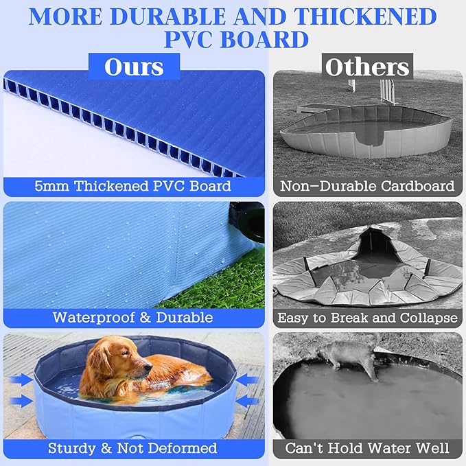 Foldable Dog Pool, Portable Pet Bath Tub and Kiddie Swimming Pool, Collapsible Bathtub for Puppies, Small, Medium and Large Dogs, Cats and Kids, 63 x 12 in, Blue