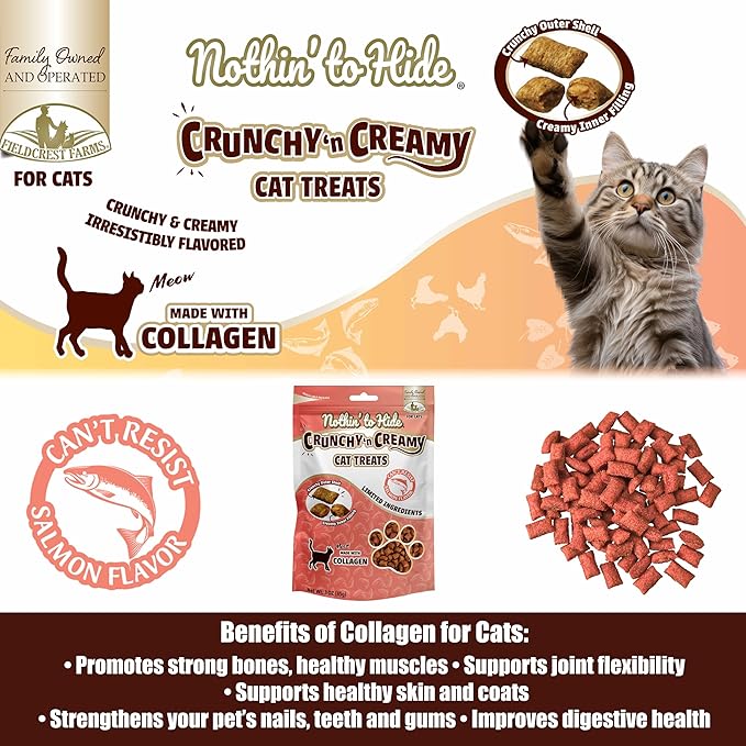 Fieldcrest Farms Nothin’ to Hide Collagen Cat Treats – Crunchy & Creamy Cat Snacks, High-Protein Healthy Treats for Skin, Coat & Joint Support, Salmon Flavor, 3 oz.