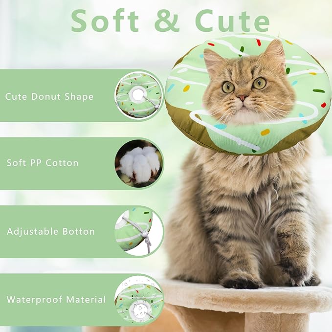 Seyezo Cat Cone Collar Soft, Adjustable Cat Recovery Collar Kitten Cones to Stop Licking, Cute Donut E Collar After Surgery, Cats Neck Pillow Cone Elizabethan Cones of Shame (Waterproof Green, Medium)