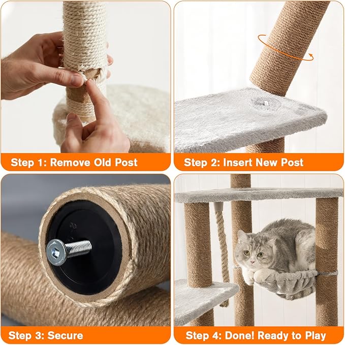 4 Pack Cat Scratching Post Replacement, 11.8 x 2.7 Inch Sisal Poles with M8 Screws, Refill Parts for Indoor Cat Towers and Furniture Repair-Brown