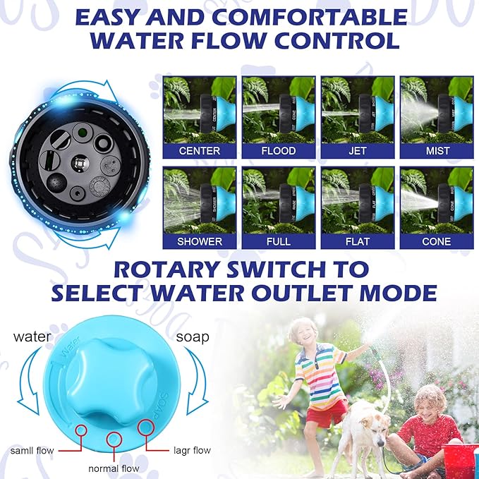 Baderke 10 Piece Dog Washing Hose Attachment Dog Hose Nozzle with Soap Dispenser Pet Shower Tool Set Dog Comb Bath Brush Towel Car Wash Mitt Brass Converter Tape for Pet Garden Car Washing (Blue)