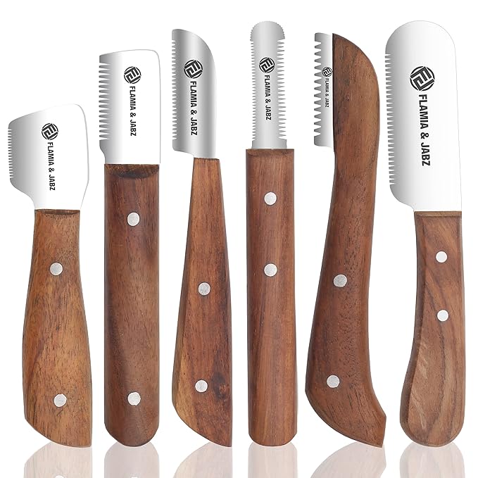 FLAMIA & JABZ FJ Professional Stripping Knife kit (6 pieces set) for Dogs & Pets, Wooden Handle Grip with Stainless Steel Blade (Right handed) (Rosewood)
