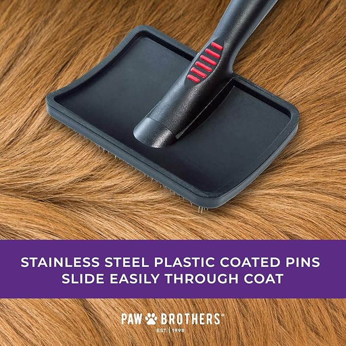 Ryan's Pet Supplies Paw Brothers Hard Pin Curved Back Slicker Brush for Dogs, Professional Grade, Stainless Steel Pins, Ergonomic Handle, Dematt and Detangle, Large, 4.5 in.