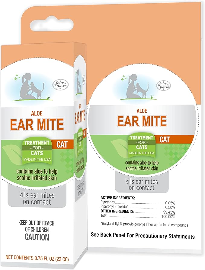 Four Paws Healthy Promise Soothing Aloe Ear Mite Remedy Solution for Cats, Odor Reducing & Itch Relief, 0.75 Fl. Oz.