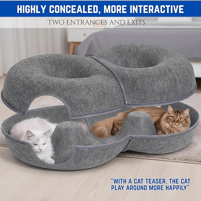 Trivon Peekaboo Cat Tunnels for Indoor Cats, Cozy Indoor 8-Shaped Donut Hideaway Bed with 12 Toy Balls, Bonus Bird Toy and Toy Gun, Scratch-Resistant, Detachable & Washable Design