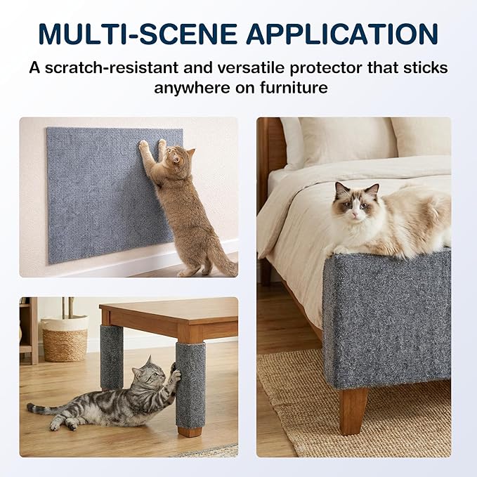 2 Pack Cat Scratcher Mat Roll for Furniture & Couch Protection | Total 157.5" x 15.8" Trimmable Self-Adhesive Carpet Cat Scratch Pad Replacement (Light Grey)
