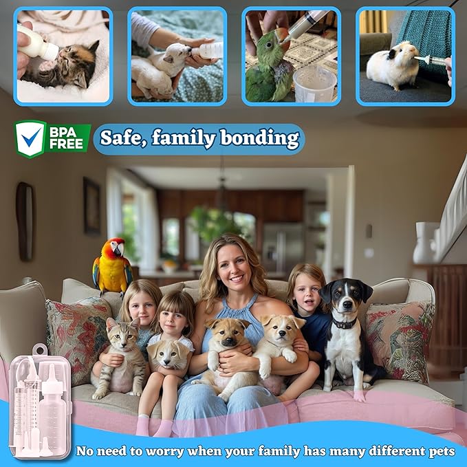 Newborn Kitten & Puppy Feeding Kit, 50ml Nursing Bottle & Syringe Set with Soft Silicone Nipples, Oral Dosing Syringe & Medicine Dispenser, BPA-Free Nursing Supplies for Cats, Dogs, Rabbits, Squirrels