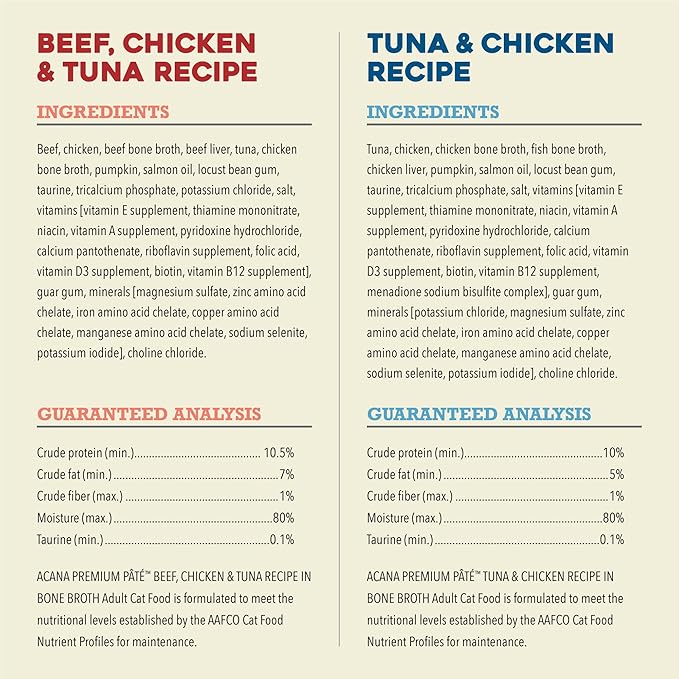 ACANA Premium Pate Wet Cat Food in Bone Broth Variety Pack: Surf and Turf – Beef Chicken & Tuna + Tuna & Chicken Recipes 3oz Cans (12 Count, 6 of Each)