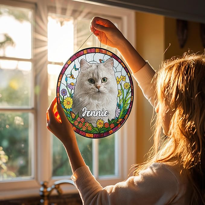 Custom Cat Portrait Art Suncatcher Stained Glass Remembrance Gift Pet Indoor Decor Window Hanging Dog Cat Bereavement Keepsake Loss of Pet