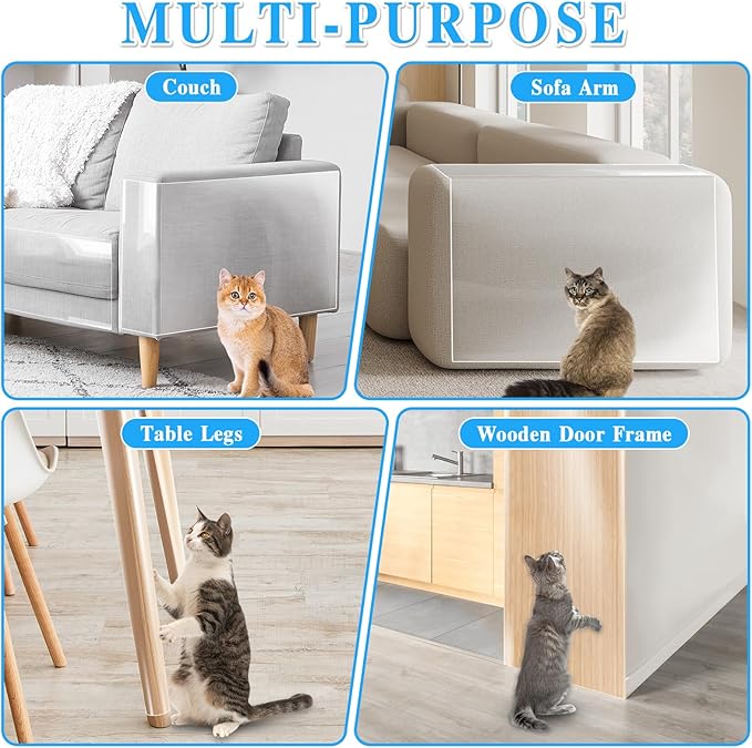 Anti Cat Scratch Furniture Protector - Thickened Vinyl Single-Sided Sticky Couch Protector for Cats Dogs, Flexible Couch Corner Guard Under Cats Claw, Cat Scratch Deterrent Tape, 130"x9.4"