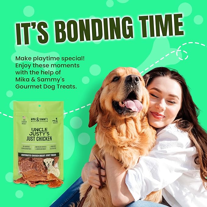 Gourmet Chicken Jerky Dog Treats - Natural, Nutritious and Tasty Made in USA only, Cage-Free Chicken, No Additives (Mika & Sammy's Uncle Justy's 12 oz)