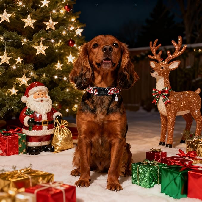 Maca Bates Christmas Red Basic Dog Collar for Large Girl Boy Dogs with Santa Charm Christmas Tree Pattern Soft Adjustable Durable Collars,Winter Gift for Male Female Puppy Pet