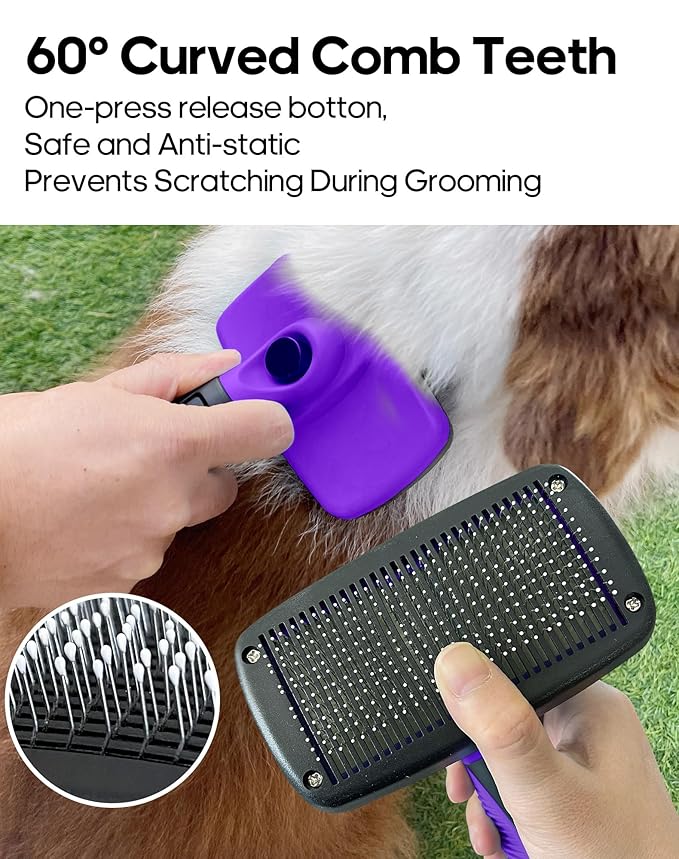 Self Cleaning Shedding Brush - Skin Friendly Grooming Tool for Dogs, Cats, and Puppies, Deshedding and Hair Removal for Long and Short Haired Pets(Purple)