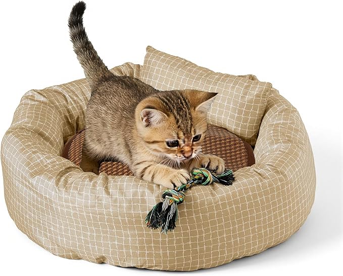 XXS Round Cat Bed 18 Inch - Washable Donut Cat Bed for Indoor Cats, Small Soft Cat Bed for Crate, Carrier, Catio, Playpen, Wall Shelve, Replacement Cushion for Cat Desk Perch, Yellow