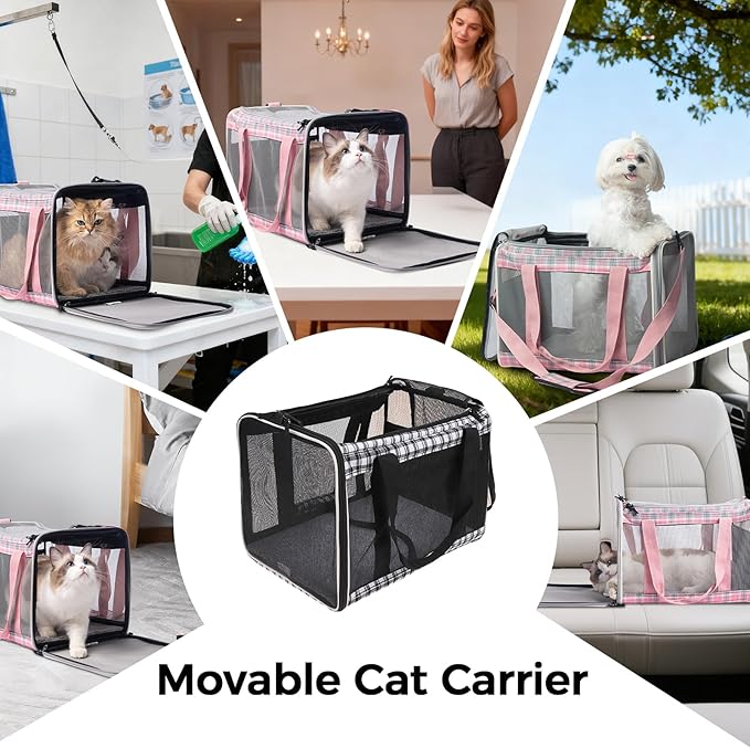 Soft Sided Cat Carrier for Large Cats Up to 20 Lbs, Collapsible Cat Bag Airline Approved with Upgrade Zipper Closures,17 * 12 * 12in Pet Travel Carrier for Small Dogs Puppy or 2 Kittens, Pink