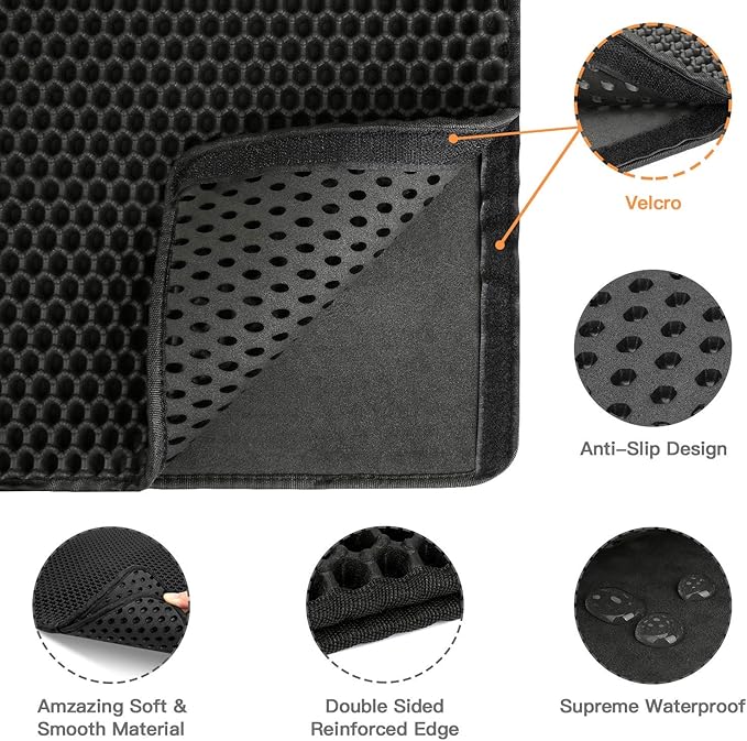 Cat Litter Mat-30"X24" Large Litter BoxTrapping Mat for Kitty EVA Honeycomb Double Layer Design, Urine & Waterproof with Handle Design Easier to Clean, Washable, Black