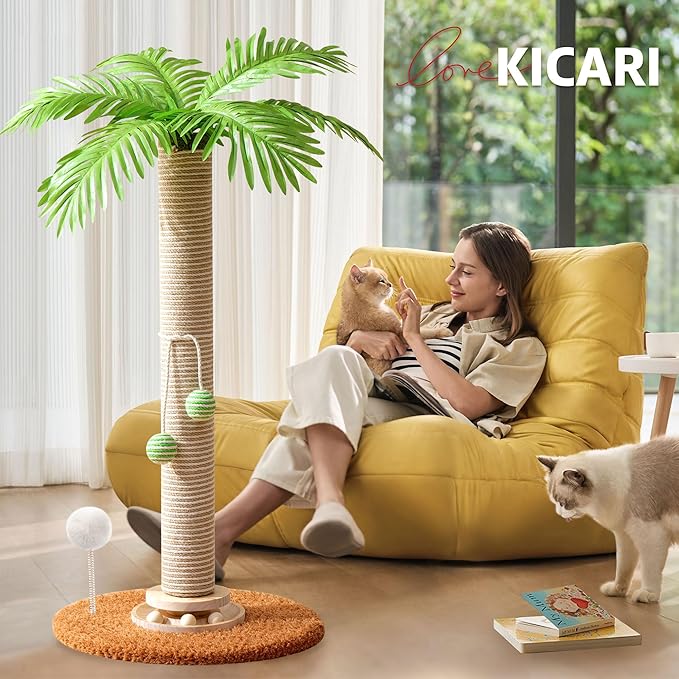 Cat Scratching Post Cat Tree, 32'' Tall Cute Palm Cat Scratcher Tower with Durable Solid Wood Turntable Toy, Sisal Rope Cat Scratcher Post with Interactive Ball for Indoor Adult Cats Climb Play