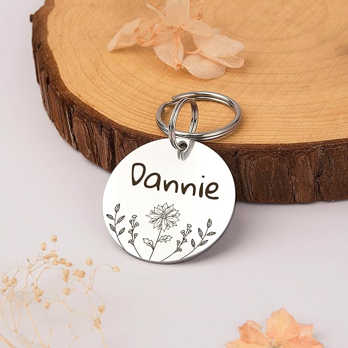 Anavia Floral Pet ID Tags, Birth Month Flowers Theme Dog Tag Round Bone Shape Cat Name Tag, Glossy Stainless Steel Gold Plated Dog Collar Tag (Round - Flower Field - Black, Large)