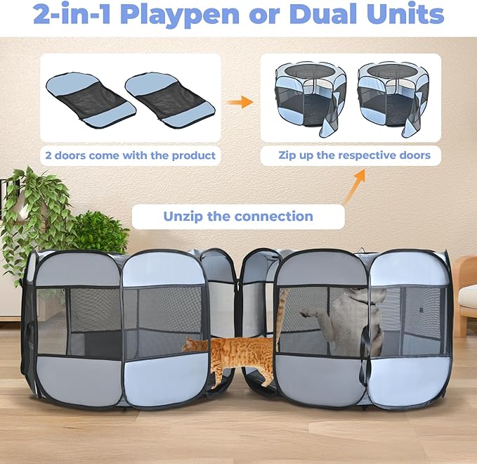 2-in-1 Cat Playpens, Detachable into 2 Separate Playpens with Additional 2 Doors, Portable Dog Playpen Cat Tent Enclosure for Kitten and Puppy Indoor Outdoor Use(M)