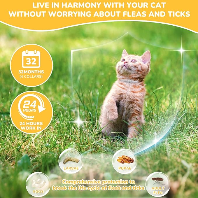 4 Pack Natural Flea Collar for Cats – 8 Months Long-Lasting Protection, Waterproof Cat Flea Collar, Adjustable Cat Flea and Tick for Kittens & Adult Cats