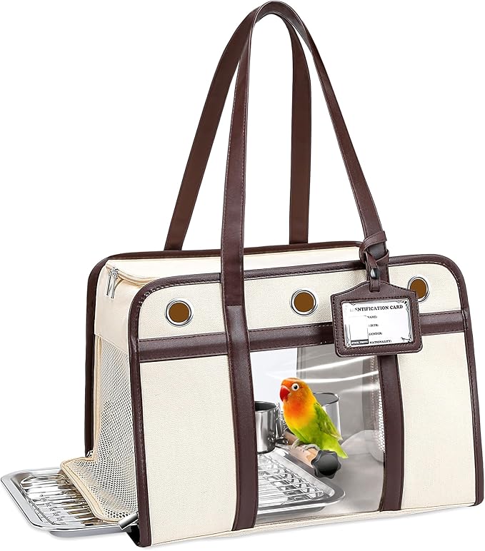 Sanmoncare Stylish Bird Carrier with PU Leather Handle, Portable Travel Cage for Cockatiels & Conures, Lightweight Parrot Bag with Stainless Steel Tray, Vet Visit, White