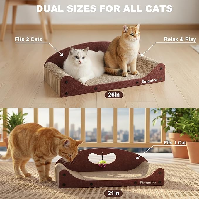 21" Cat Scratcher Bed, Scratcher Couch for Indoor Cats, Cardboard Scratcher Sofa, Durable Scratch Pad with Ball & Catnip, Furniture Protector (Brown, Medium)