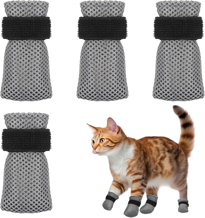 4 Pcs Adjustable Cat Claw Protectors Covers Cat Mittens to Prevent Scratching Mesh Breathable Cats Shoes Kitten Shoes Socks Booties Anti Scratch Kitten Foot Covers for Pet Bathing(Gray,XL)