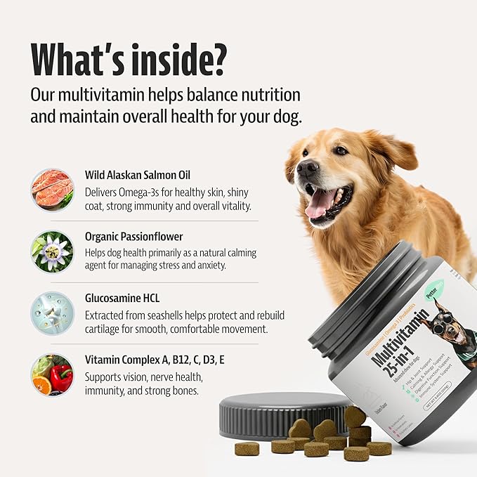25-in-1 Dog Multivitamin with Omega 3, Glucosamine, Probiotics - Dog Vitamins and Supplements for Hip & Joint, Calming, Allergy Relief, Digestive & Immune Support - 100 Soft Chews, 250g