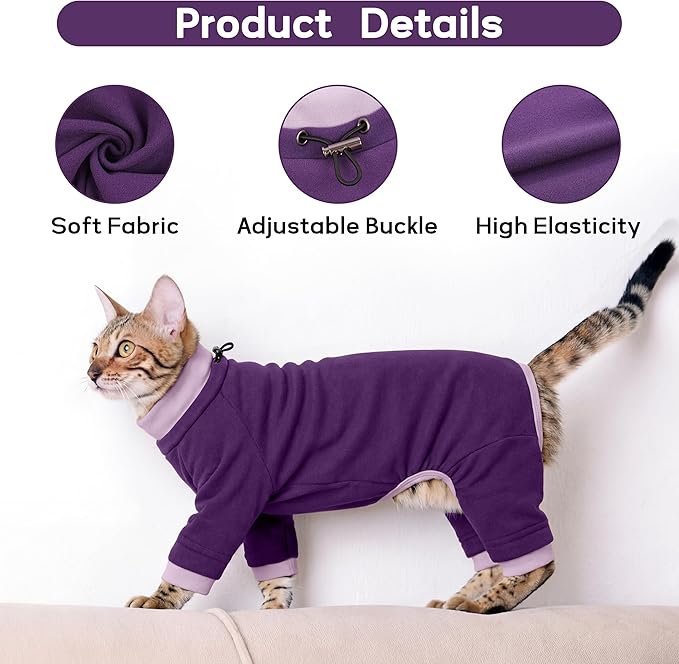 PUMYPOREITY Cat Recovery Suit, Stops Wound Licking After Surgery, Sticky Hair Shirt with Sticky Fabric, Cat Pajamas Prevents Over-Grooming, Purple, S
