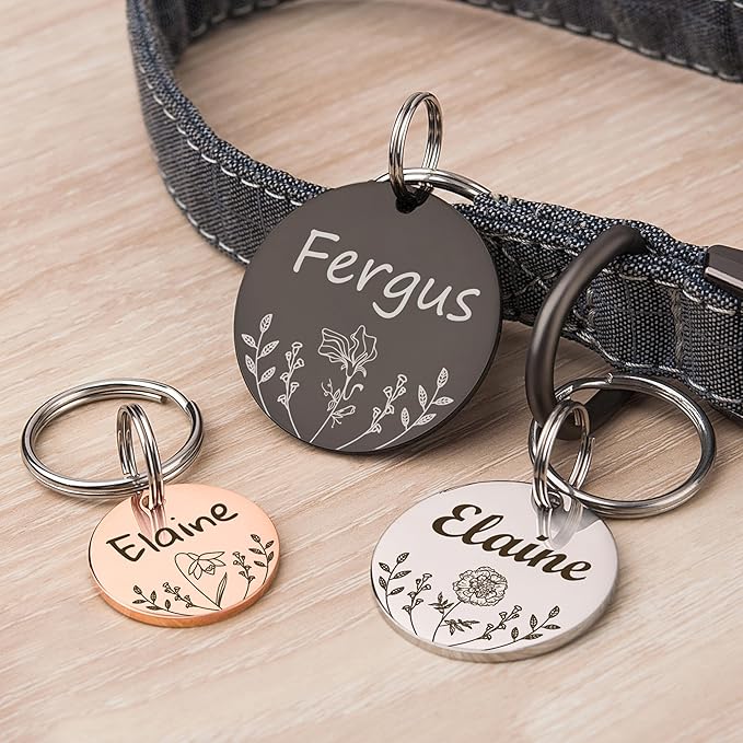 Anavia Floral Pet ID Tags, Birth Month Flowers Theme Dog Tag Round Bone Shape Cat Name Tag, Glossy Stainless Steel Gold Plated Dog Collar Tag (Round - Flower Field - Rose Gold, Medium)