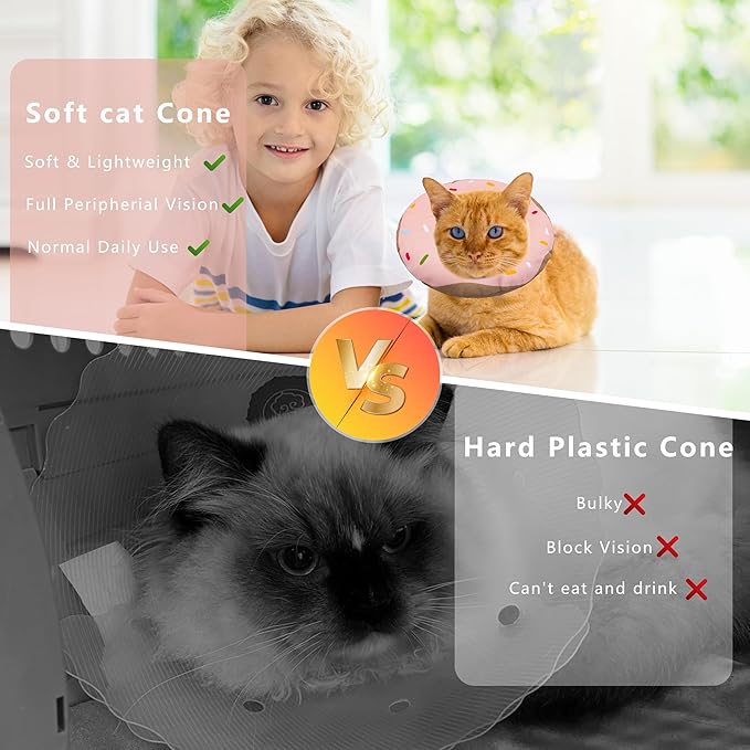 Seyezo Cat Cone Collar Soft, Adjustable Cat Recovery Collar Kitten Cones to Stop Licking, Cute Donut E Collar After Surgery, Cats Neck Pillow Cone Elizabethan Cones of Shame (Waterproof Pink, Small)