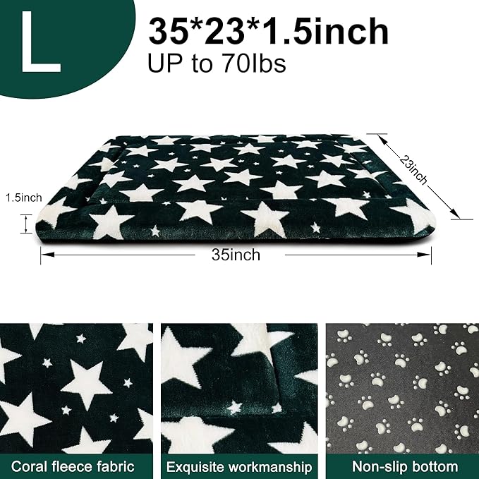 Dog Bed Mat – Soft & Comfortable Dog Kennel Pad for Crate – Durable Crate Bed & Mat for Dogs & Cats – Ideal for Crate, Kennel, and Home Use (Big&Little Stars Green, L(35"*23"*1.5"))