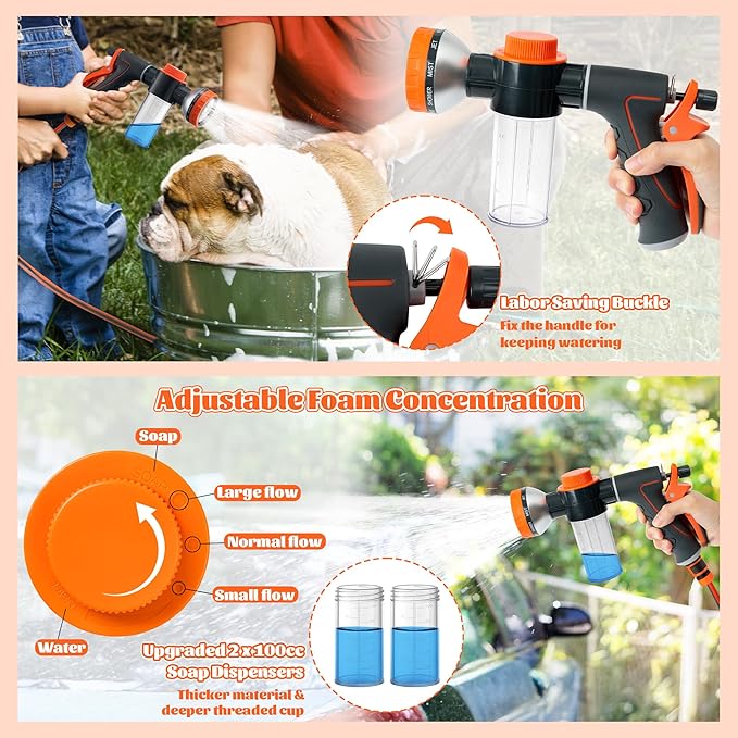 MALLMALL6 Dog Washing Hose Attachment with Pet Grooming Glove & 2 Soap Dispenser, 10-in-1 Spray Modes Foam Nozzle Sprayer with 8.2Ft Pup Washer Hose for Showering Pets Car Wash Watering Flowers