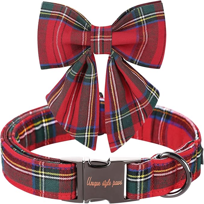 Unique style paws Christmas Dog Collar with Bow Tie Red Plaid Puppy Collar for Small Medium Large Dogs as Autumn Winter Gifts -XL