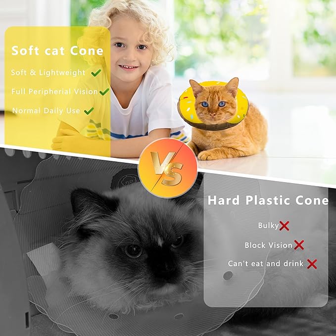 Seyezo Cat Cone Collar Soft, Adjustable Cat Recovery Collar Kitten Cones to Stop Licking, Cute Donut E Collar After Surgery, Cats Neck Pillow Cone Elizabethan Cones of Shame (Waterproof Yellow, Large)