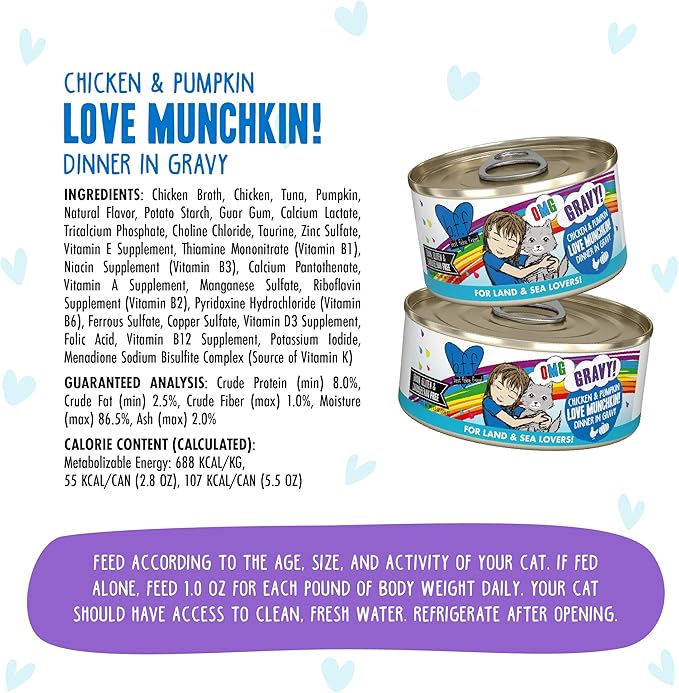 Weruva B.F.F. OMG - Best Feline Friend Oh My Gravy!, Love Munchkin! with Chicken & Pumpkin in Gravy Cat Food, 5.5oz Can,(Pack of 16)